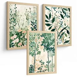 POSTER 3er-Set Wandbilder Floral Landschaft modern Wohnzimmer Deko, Schlafzimmer, Küche, Badezimmer Leichter Holzrahmen A3