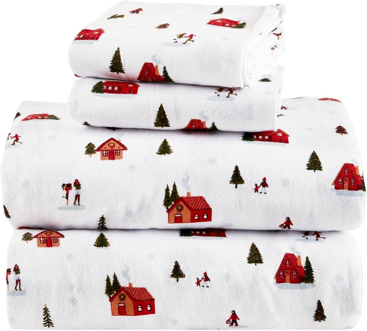 Spaces Flanellen lakenset Twin XL, 100% katoen, Kerstdorp print, 3-delig
