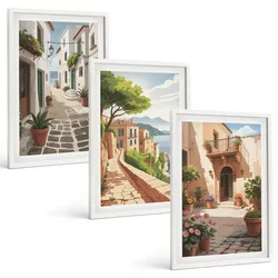 BILDER SET 3er Set - 40x60 cm Weißer Rahmen - Straßen, Häuser, Pflanzen, Töpfe