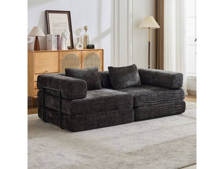 Canapé Convertible Compression sans Assemblage Canapé Lit Modulable Chenille Noir