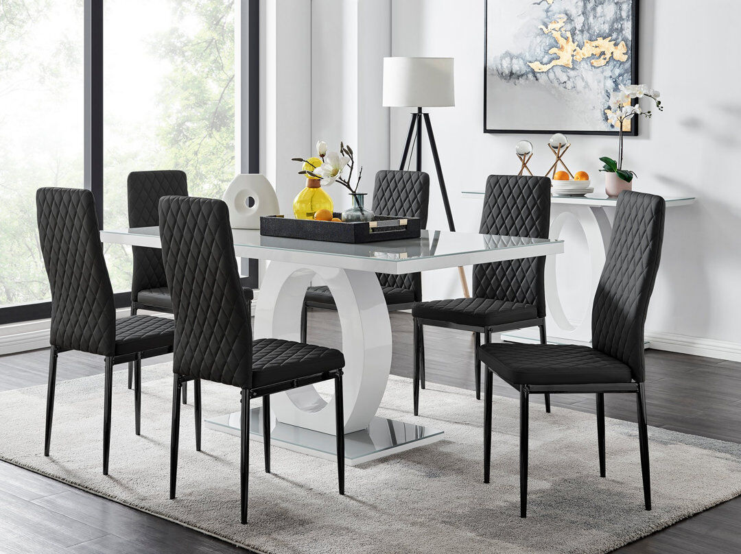 Canora Grey Scottsmoor High Gloss Halo Dining Table Set & 6 Luxury Faux Leather Dining Chairs - Modern Design Black/Black 6
