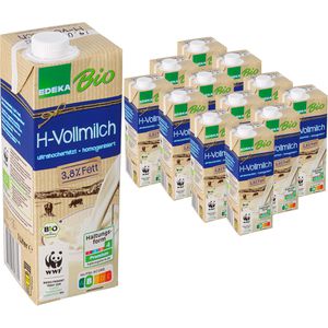 Edeka Milch H-Vollmilch, Fettgehalt 3,8%, BIO, ultrahocherhitzt & homogenisiert, 12x 1 Liter