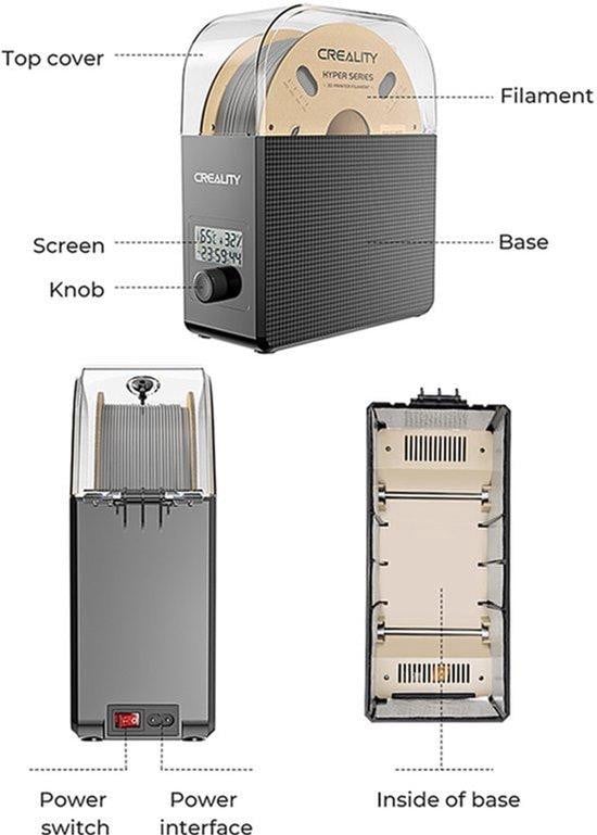 Selius Filament Droger Box 3D Printer Accessoire met 24 Uurs Timer en Real-Time Vochtigheidsmonitor