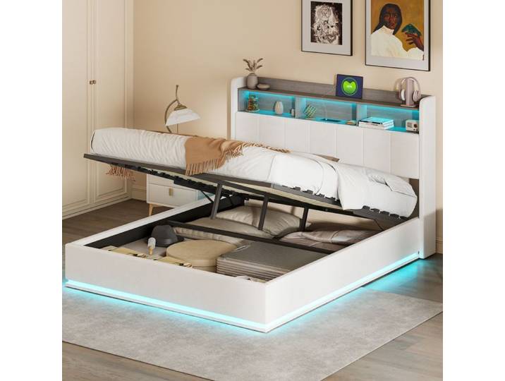 Lit coffre - SUNFECILI - 160 x 200 cm - Velours - USB - LED