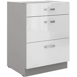 Unterschrank 60 Bianca Weiss Hochglanz + Grau Vollauszug Soft-Close Küche