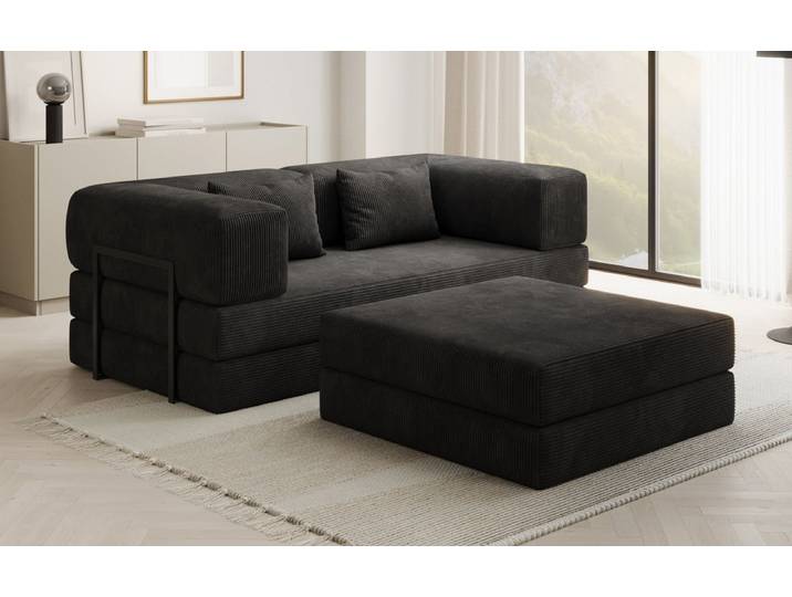 Lazy Spar-Set: 3-Sitzer + Hocker in Cord - Schwarz - Cord - Luxusbetten24