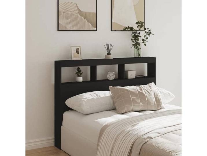 Armoire tête de lit avec LED-Tête de lit avec rangement à LED noir 140x17x102 cm