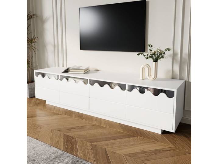 Meuble TV - LEMONBEST - 170x40x45 cm - 4 portes - Design ondulé - Verre trempé