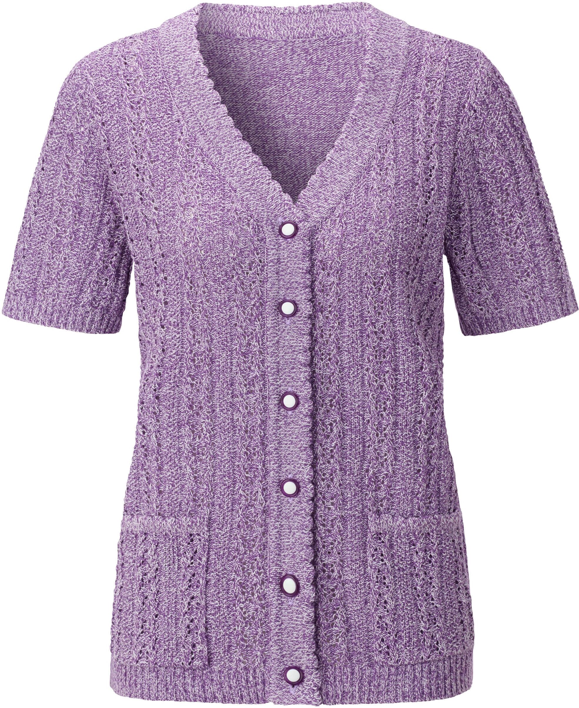 Strickjacke WITT "Strickjacke Ajourstrickjacke mit Taschen, aufgesetzt", Damen, Gr. 42, lila (lila, ecru, meliert), Basic, V-Ausschnitt, Strickjacken Strickjacke