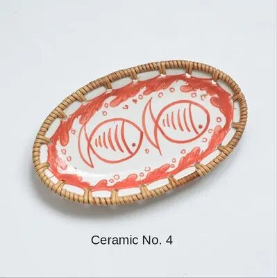 ModernMart Japanese Rattan Woven Ceramic Snack Plate For Fruit, Candy & Dessert Serving 4