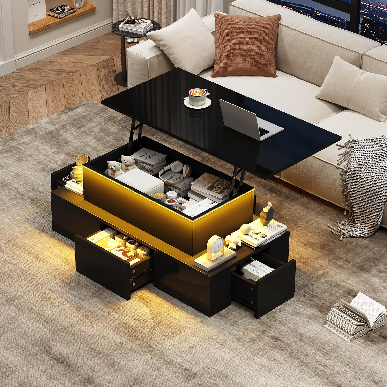 Merax Salontafel met LED-verlichting, Liftfunctie en 4 Lades, Zwart