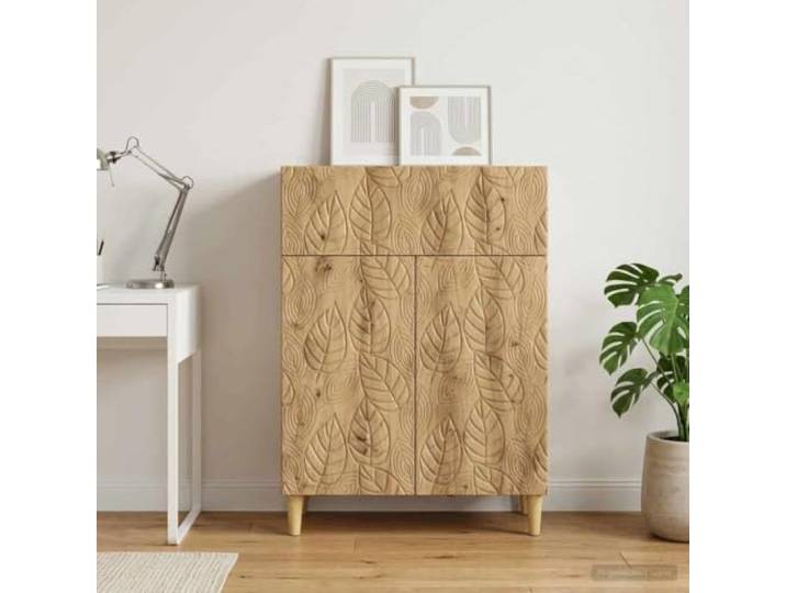 RJPLMFV Anrichte Eiche 66 x 34,5 x 90 cm aus Holz Regale und Schubladen, Eukalyptusfüße, Scharniertüren, feucht abwischbar