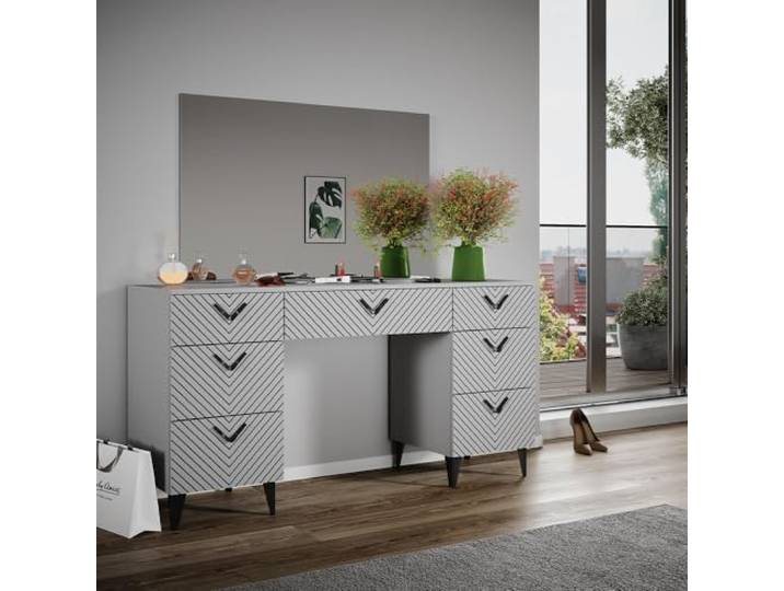 Vicco Schminktisch Anett, Grau 150 cm Spiegel · 7 Schubladen · Freistehend · Dekorative Fronten · viel Stauraum