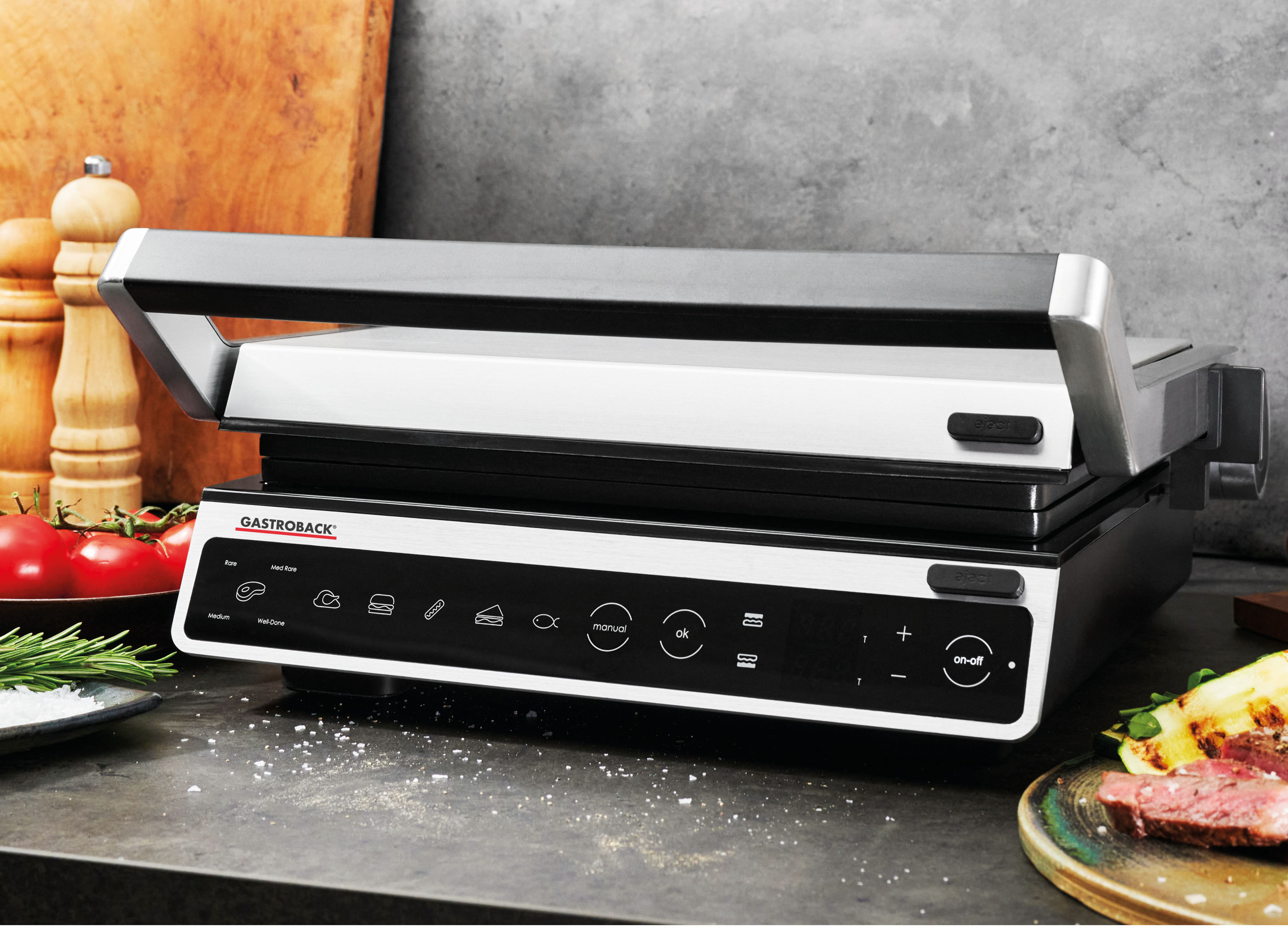 Kontaktgrill GASTROBACK "42542 Design BBQ Advanced Smart", silber (silberfarben), B:37,5cm H:17cm T:36cm, Kontaktgrill_Standgrill_Tischgrill_Teppanyakigrill, Kontaktgrill