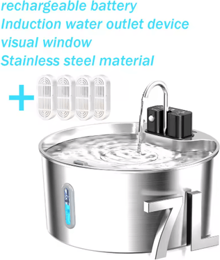 Inspire Picks 7L Wireless Rechargeable Pet Water Fountain Stainless Steel Cat & Dog Water Dispenser With Visual Window fountain 4 Chips