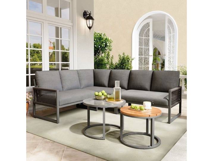 Salon de Jardin 6-7 Places Canapé d'Angle Extérieur avec Coussins Mobilier de Terrasse en Acier Galvanisé Tables Basses Gris
