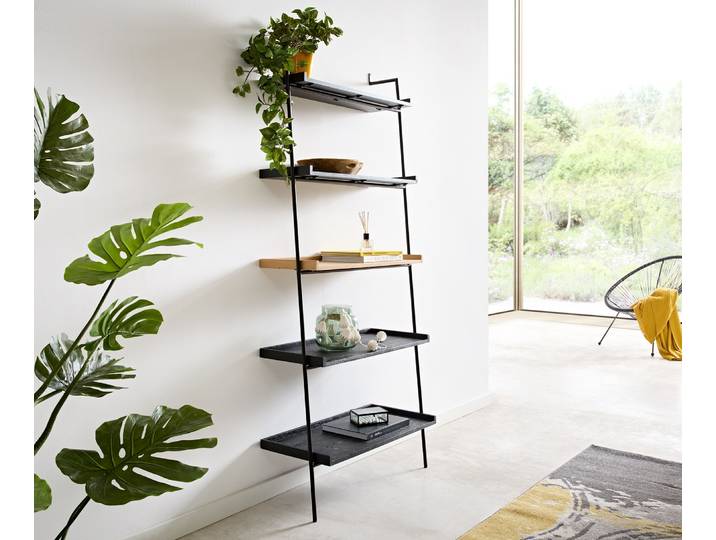 Bibliothèque Mikkusu 80x185 cm Bambou Naturel Manguier Noir 5 étagères Métal Noir