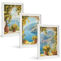 BILDER SET 3er Set - 40x60 cm Weißer Rahmen - Meereslandschaften, Zitronen, Fenster