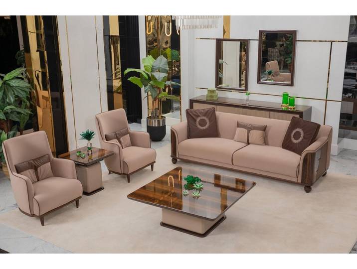 JVmoebel Polstergarnitur JVMoebel Stoffsofa mit Sessel und Couchtisch in Braun, (Set, 3-tlg)