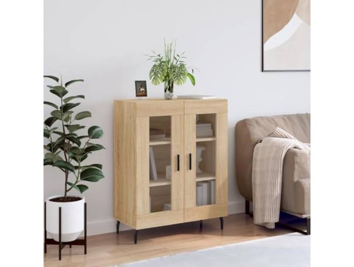 RJPLMFV Anrichte Eiche Sonoma, 69,5 x 34 x 90 cm, Holz Design aus Glas, Metallfüßen, großer Stauraum, Wandbefestigung inklusive
