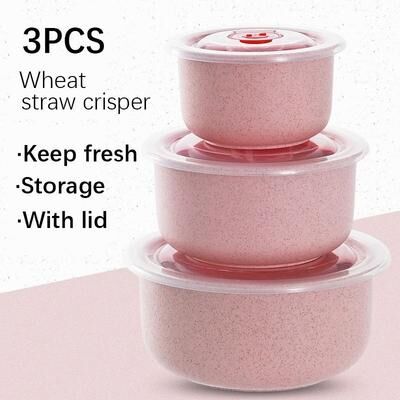 Uplifted Finds Wheat Straw Fresh Keeping Bowl Set With Lids Microwave Safe Round Storage Containers 3 Pcs Beige