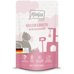 MJAMJAM Quetschies 125g Beutel Katzennassfutter Sparpaket 24 x 125 Gramm köstliche Garnelen an saftigem Hühnchen