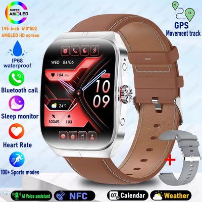 Inspired Finds "2025 Ultra HD Smartwatch 1.95"" GPS Sports Watch With Bluetooth Calling, NFC & Fitness Tracking For Men And Women brown Leather"