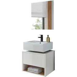 BADMÖBEL-SET 2-teilig weiß Hochglanz, Eiche mit LED Beleuchtung 60 cm Glide