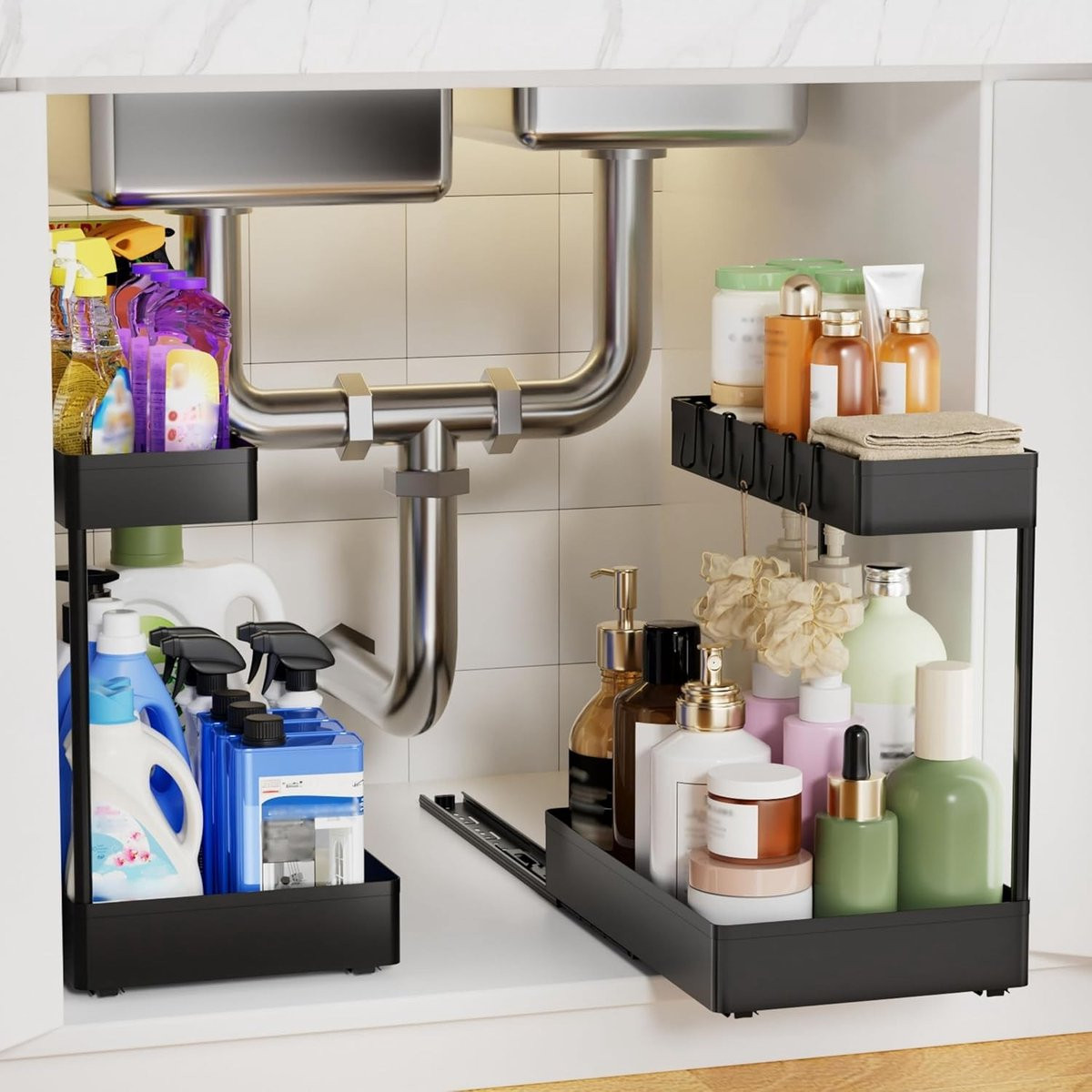 2-delige Onderkast Organizer met Metalen Lades, 2-laags Keuken en Badkamer Opbergoplossing, Uittrekbare Kast Organizer