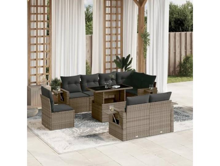 YUTAASU 9-TLG. Poly Rattan Sofagarnitur Grau mit Kissen