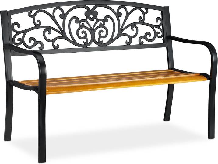 Relaxdays Gartenbank, 2-Sitzer, Balkon, Terrasse, Holz, Metall, rustikale Parkbank, HxBxT: 86,5x127x59 cm, braun/schwarz