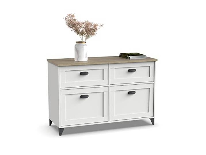 Muebles Pitarch Vintage Sideboard für Wohn- und Esszimmer, Buffet, Beistellschrank, 2 Türen und 2 Schubladen, Weiß und Eiche Cambrian, 80x120x47 cm, Speisekammer, Küche, Büro, Modell Toscana