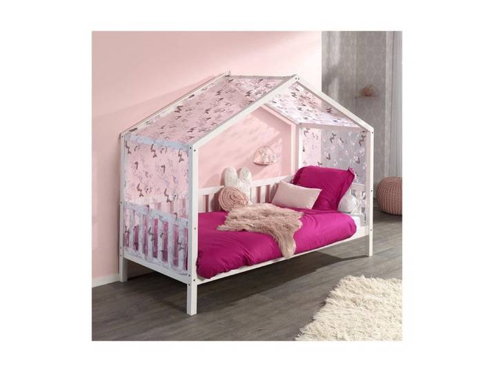 Pack - Lit Enfant Cabane Barrière & Voile  Dallas II  90x200cm Blanc