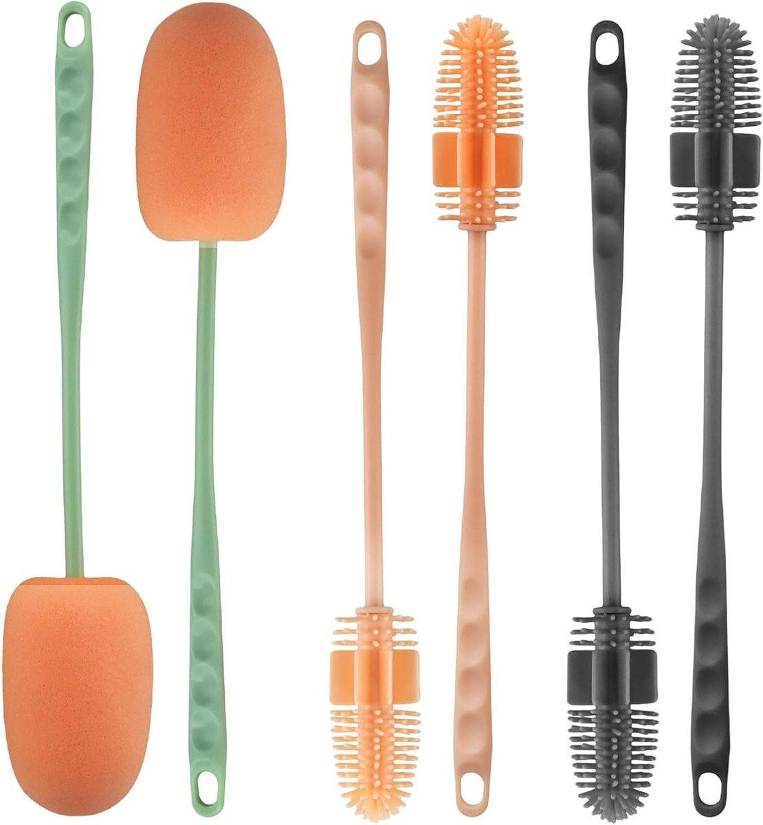 Set van 6 siliconen flessenborstels met lange handgreep, multicolor