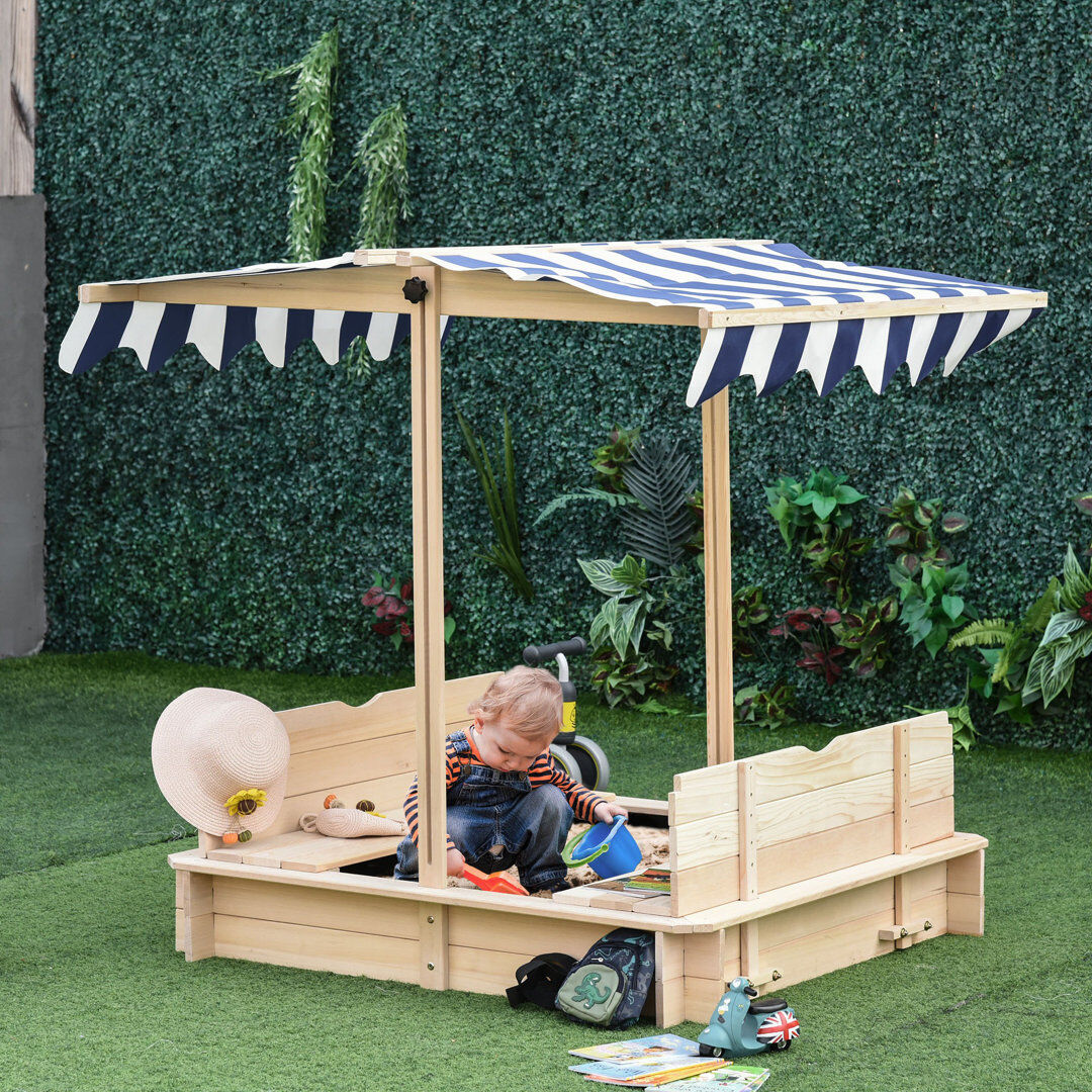 Freeport Park 106cm x 121cm Solid Wood Square Sandbox with Cover Natural 115cm H X 106cm W X 106cm L