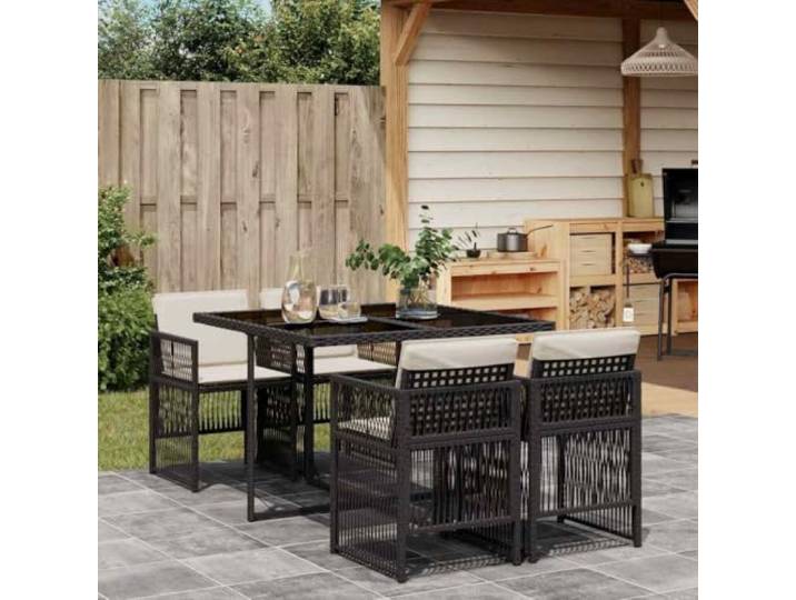 ZQQLVOO 5-TLG. Garten-Essgruppe Schwarz Poly Rattan Klappstühle mit Kissen, Tischplatte aus Hartglas, abnehmbare Bezüge, platzsparende Aufbewahrung