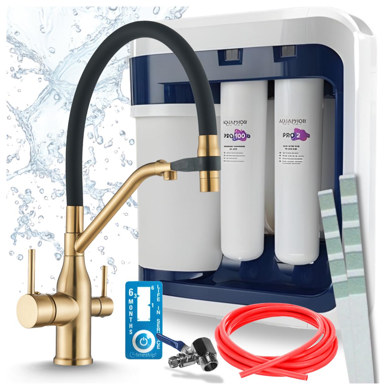 Wasserfiltersystem Mit 3-Wege-Küchenarmatur Ari, Umkehrosmose, Keramikkartusche, 360 Grad Schwenkbar, Perlator, Messing, Gebürstetes Gold