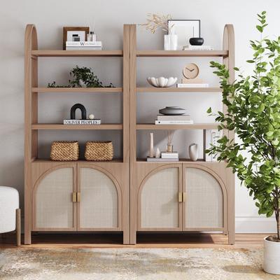 Nathan James Paxton Boho Bookshelf Cabinet, Solid Wood Frame Rattan Bookshelf with Cabinet Base, Arched Bookcase Cabinet