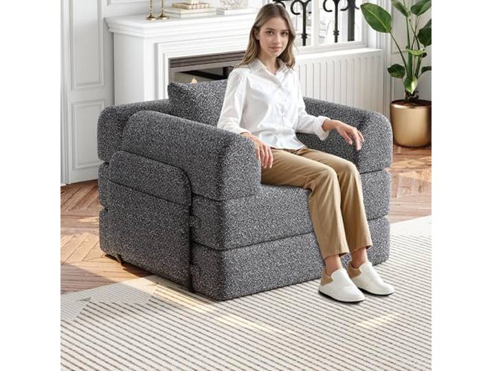 Switdo Chenille Schlafsofa 2in1 mit Staufach Grau Sofa für Wohnzimmer Abnehmbare Kissen für Bett-Konfiguration