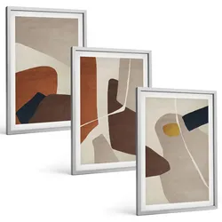 BILDER SET 3er Set - 40x60 cm Silberner Rahmen - Abstrakte Boho-Malerei