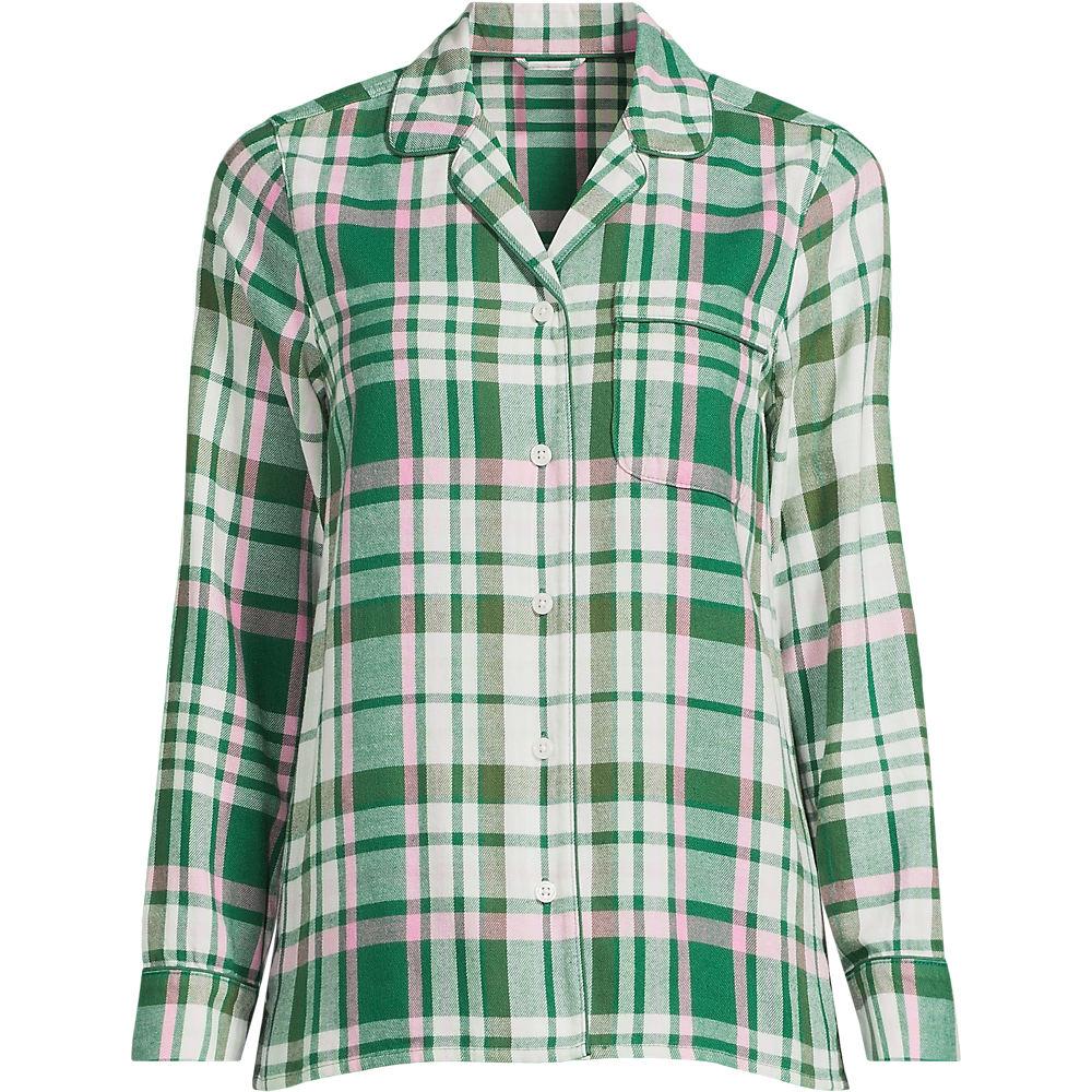 Gemustertes Pyjamahemd aus reinem Baumwoll-Flanell für Damen in Plus-Größe, Damen, size: plus, Grün, Baumwolle, by Lands' End