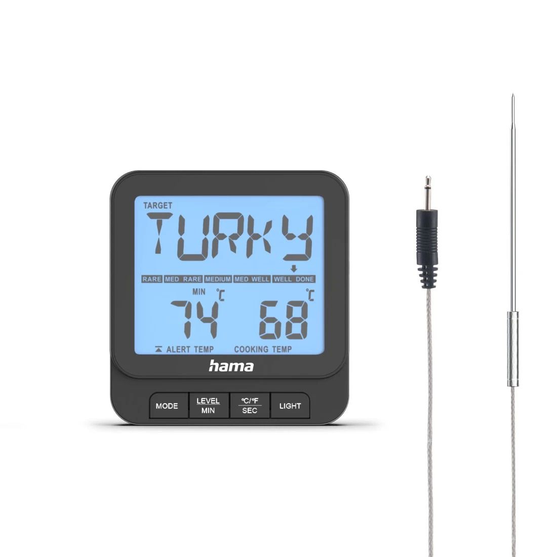 Hama 002946 Fleischthermometer digital für Grill Backofen und Kochen großes Display (Schwarz) 00002946