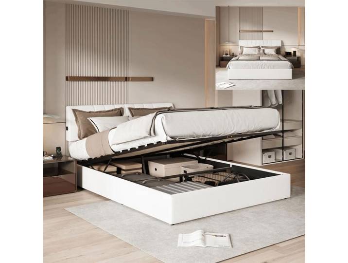 Structure de lit SHAODENG 140x190 cm avec chargement USB tissu en velours cadre de lit 140x190 cm Blanc