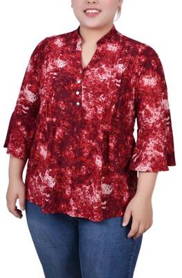 NY COLLECTION 3/4 Bell Sleeve Pleat Front Y Neck Top