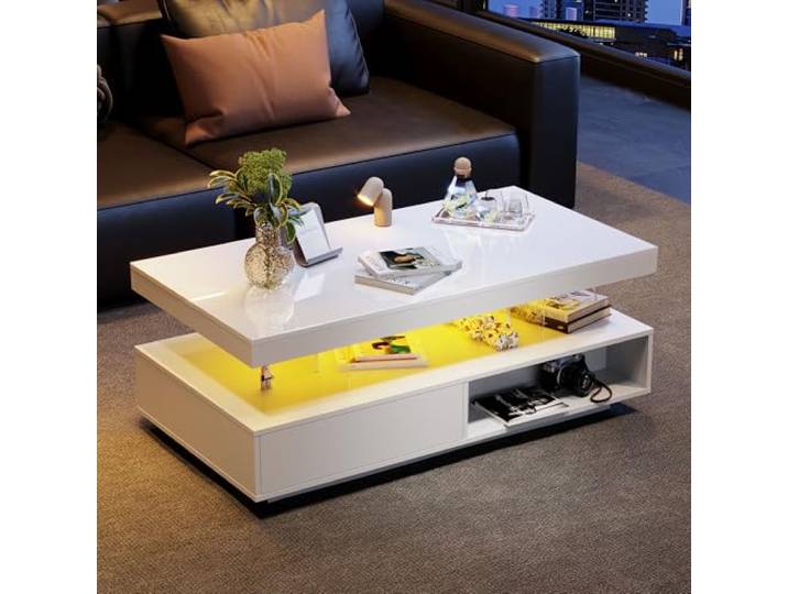 Merax Couchtisch Wohnzimmertisch weiß Hochglanz, Sofatisch mit LED Beleuchtung, 2 Schubladen und offenen Fächern, modern Kaffeetisch mit Stauraum, für Büro Empfang Wartebereich, 95x50x42,5cm