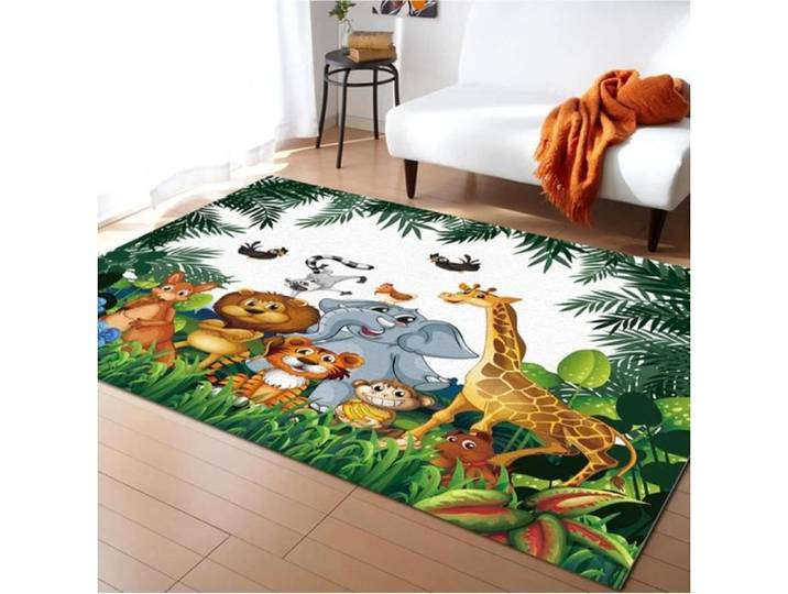 Tapis Enfant - Jungle Dessin Animé - Girafe - Grande Surface - Vert - 100x150cm