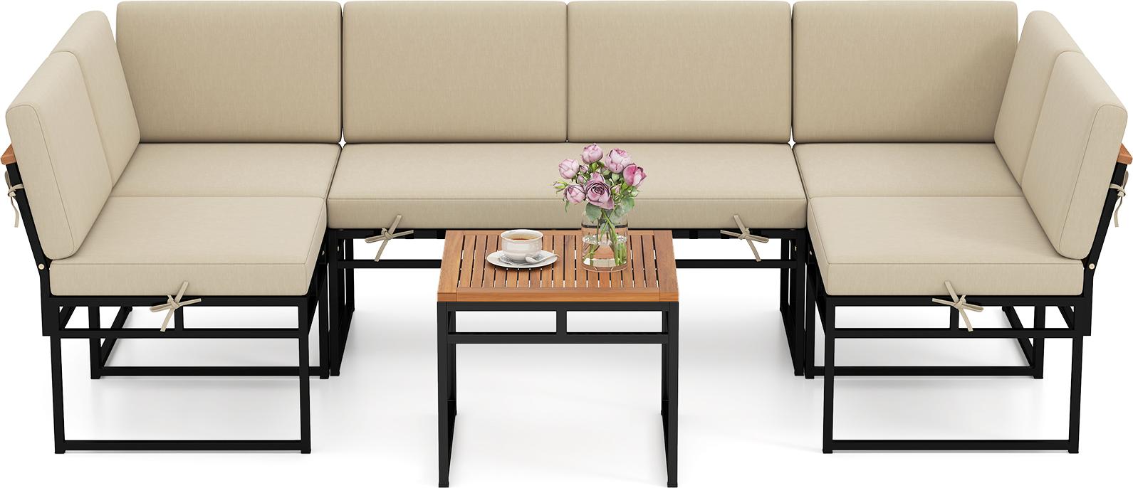 COSTWAY Lounge Möbel Outdoor, 6-tlg. Gartenmöbel Set mit Sofa & Tisch, Gartensofa mit Sitz- & Rückenkissen, Balkonmöbel Terrassenmöbel Sitzgruppe