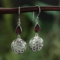 Drachensilber Granat Edelstein Blume des Lebens Ohrringe feine Einhänger 925 Silber - Silber;Rot