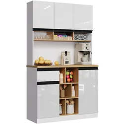 Sideboard 105x45x185 Weiß, hochglänzende Türen, verstellbare Regale, Schublade und Kippschutz für Küche und Esszimmer