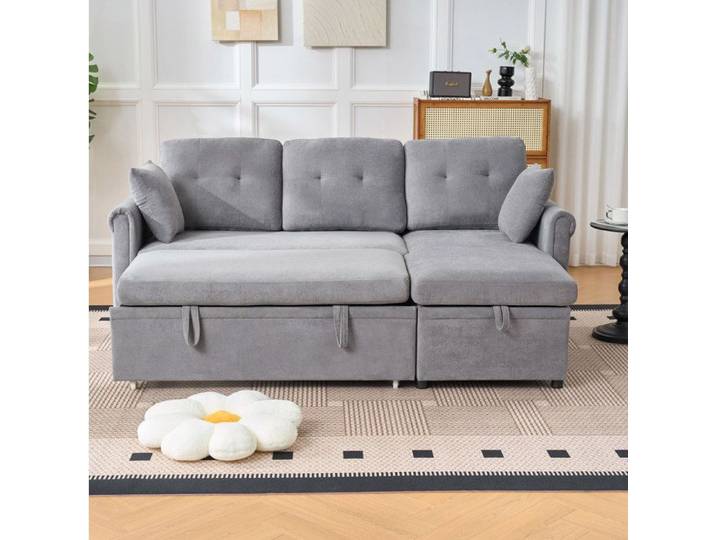 Modenuit Canapé d'angle convertible 3 places réversible tissu chenille gris avec coffre de rangement